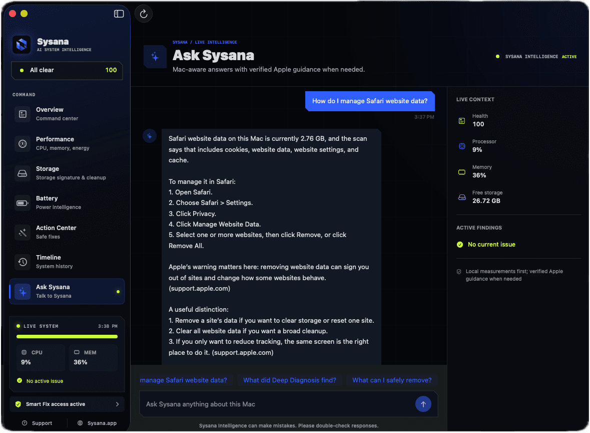 Ask Sysana interface showing a Mac question answered with diagnostic context