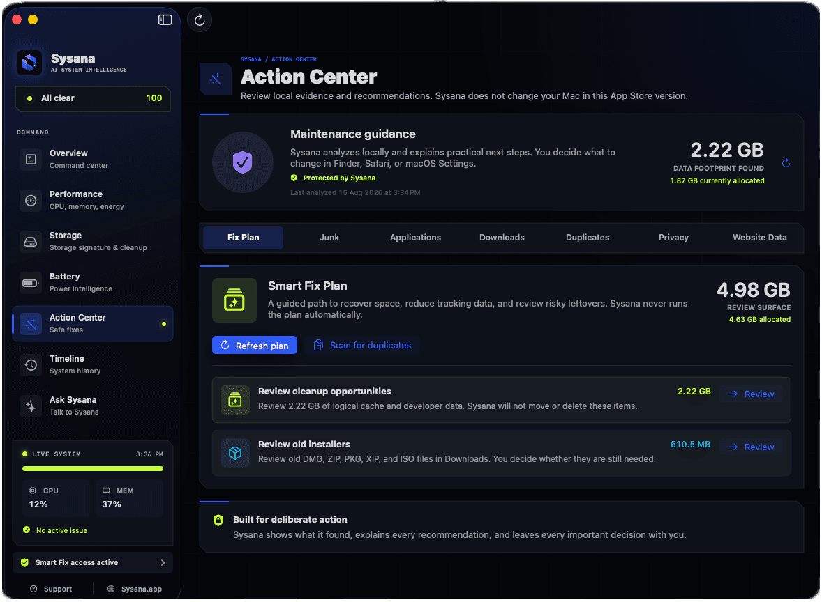 Sysana Action Center with maintenance recommendations for review