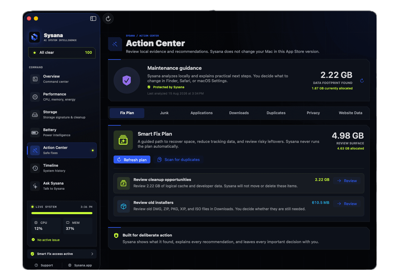 Sysana Action Center with maintenance recommendations for review