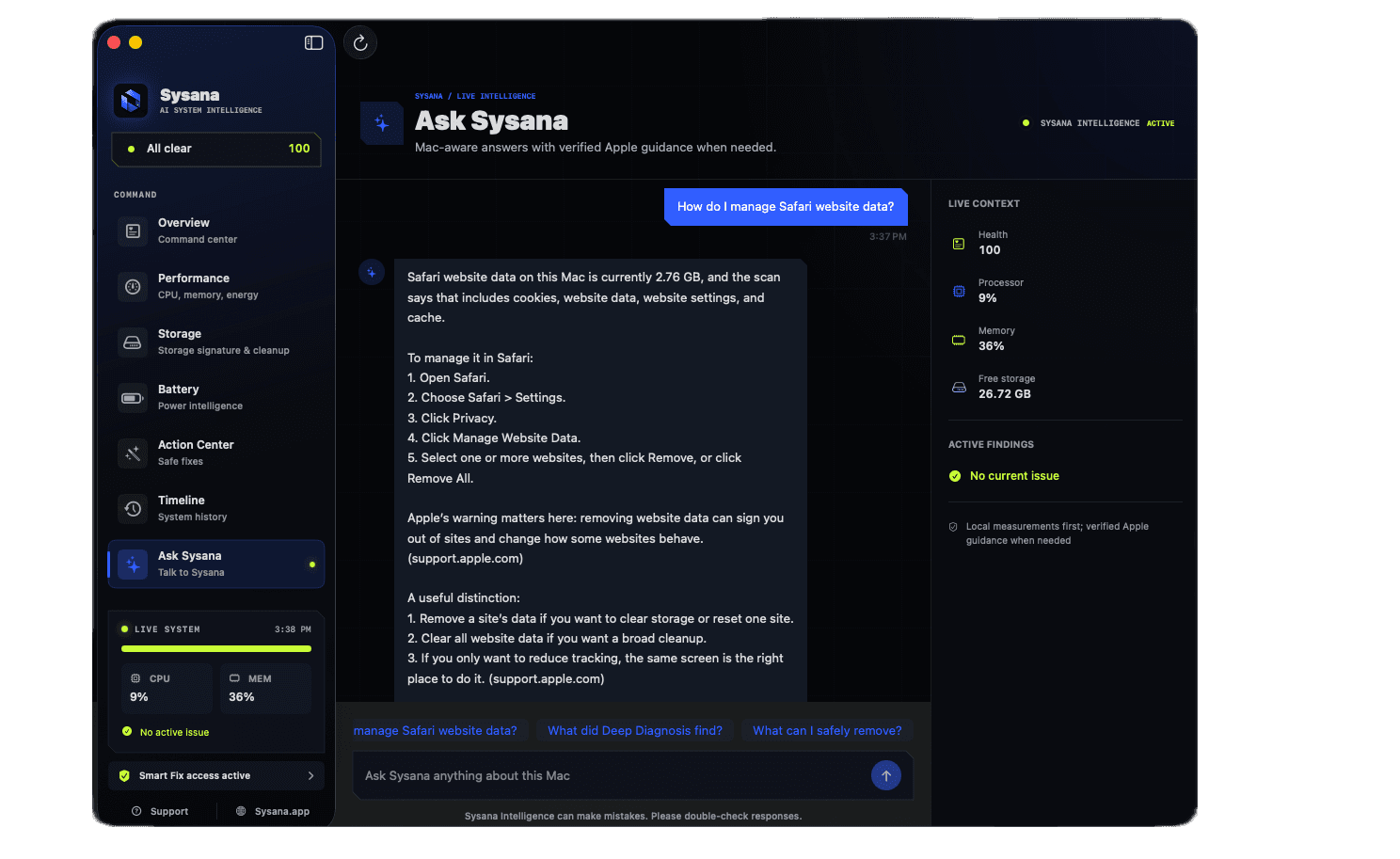 Ask Sysana interface for questions grounded in Mac diagnostic summaries