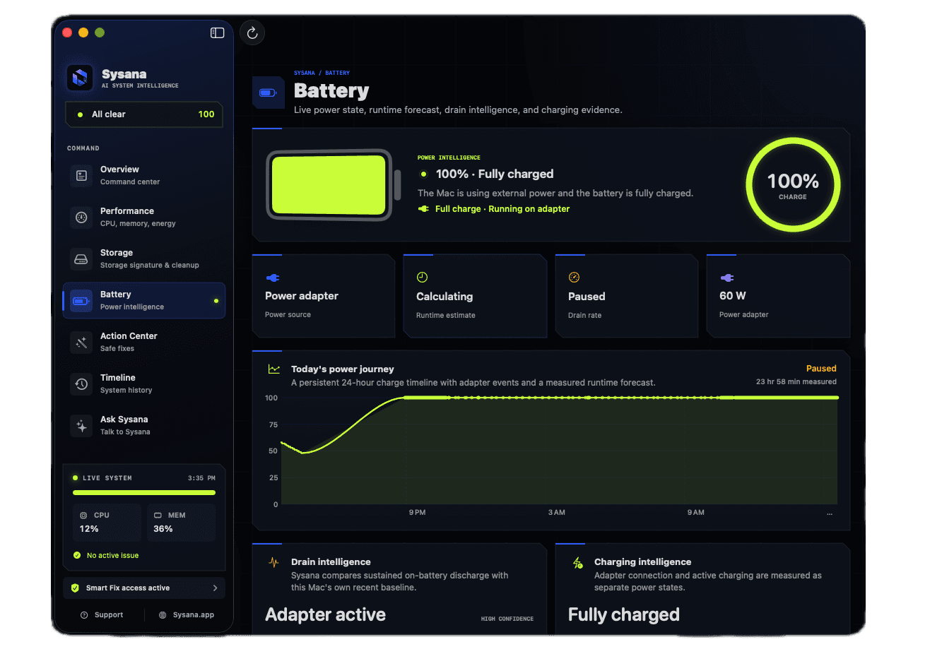 Sysana battery diagnostics with energy and charging context