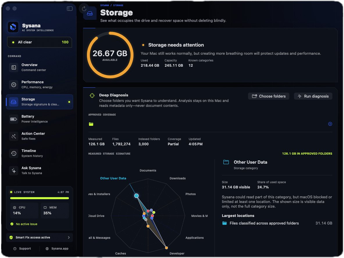 Sysana storage analysis showing categories and space usage