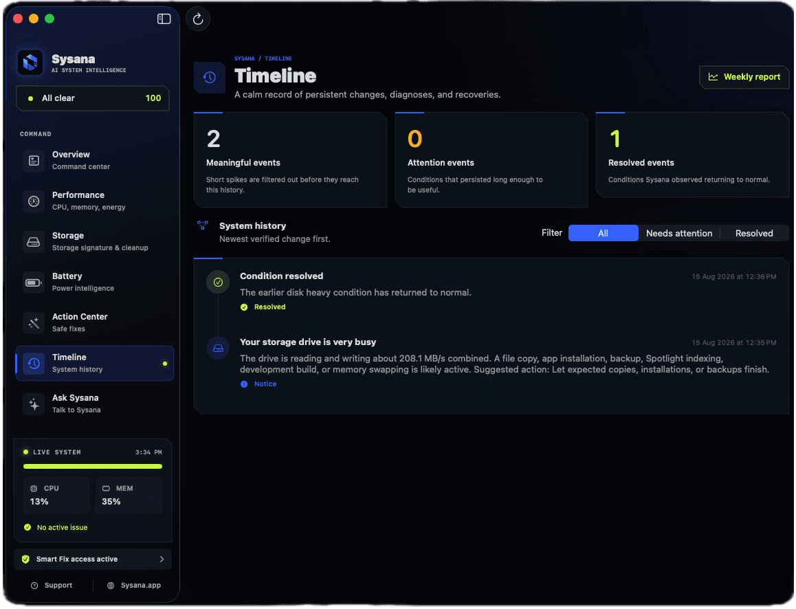 Sysana diagnostic timeline showing system changes and events