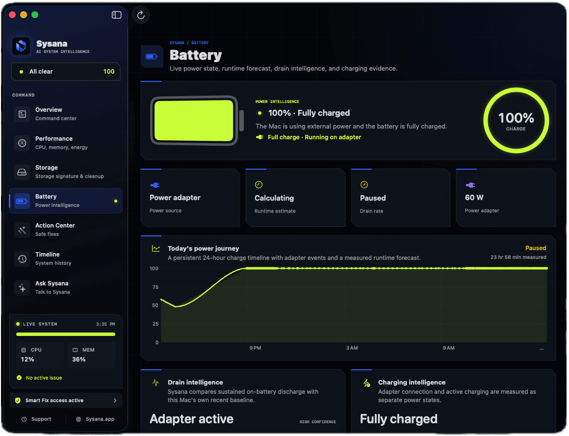Sysana battery diagnostics showing energy use and charging context on a MacBook